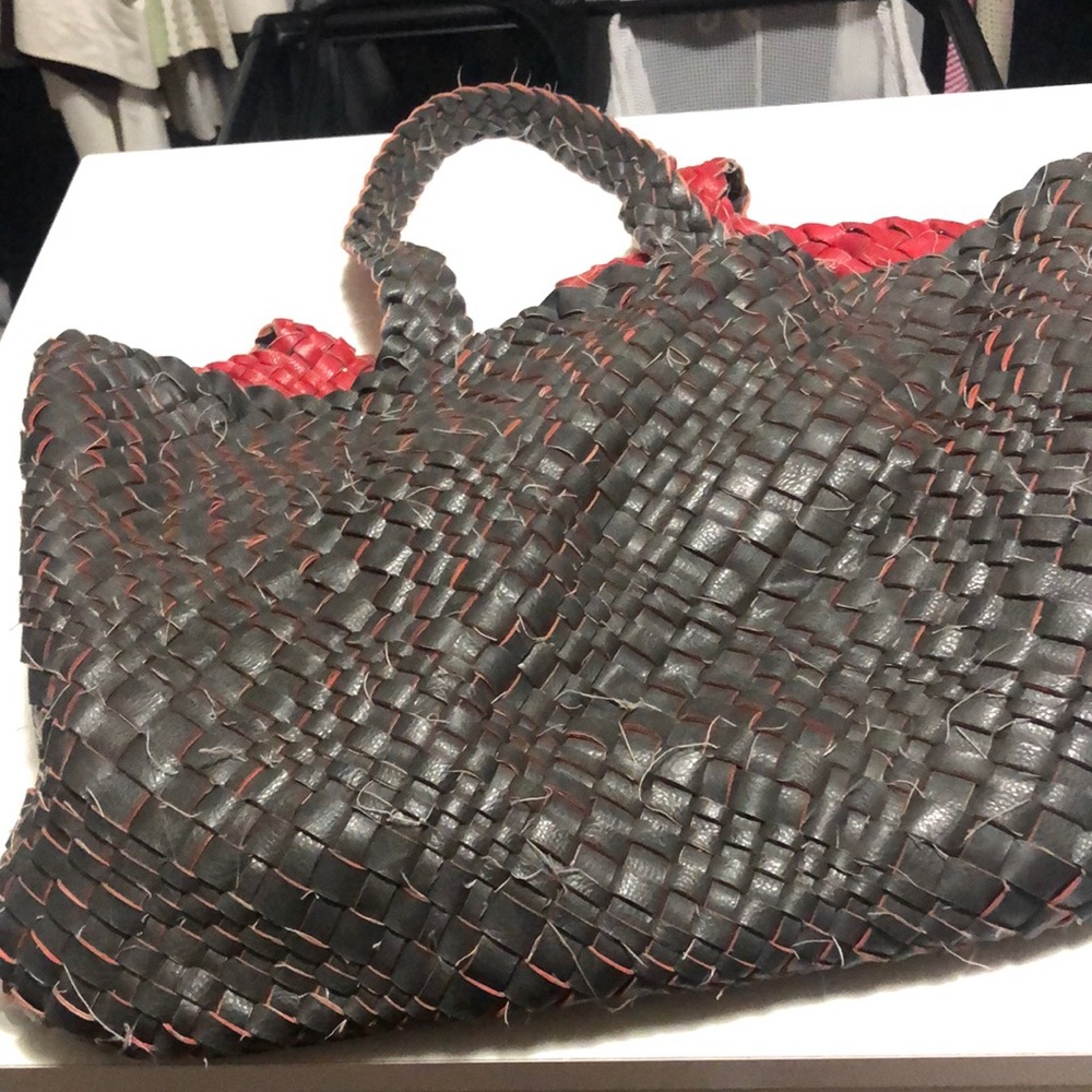 Reversible leather woven tote bag. Red or gray. With red pouch
